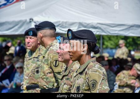 La festa ufficiale che consiste di (da sinistra a destra) Il Mag. Gen. Jeffrey Snow, in uscita Comandante generale degli Stati Uniti Esercito comando di reclutamento, gen. Stephen Townsend, comandante della U.S. Esercito la formazione e la dottrina del comando, il Mag. Gen. Frank Muth, incoming Comandante generale degli Stati Uniti Esercito il reclutamento di comando e il comando Sgt. Il Mag. Tabitha Gavia, comando in arrivo sergente maggiore degli STATI UNITI Esercito il reclutamento di comando sono in posizione come la festa ufficiale e sono in attesa di avvio del cambiamento di comando/Responsabilità cerimonia al Fort Knox, Kentucky, luglio 25. Foto Stock
