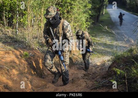 Cpl. Il Ciad T. Adams, a sinistra e a Hospital Corpsman 2a classe Kendra L. Tenorio patrol attraverso la guerra nella giungla del Centro di formazione, Okinawa, in Giappone, 26 luglio 2018. Marines con prontezza tattica e la formazione del plotone, Marine Logistics Group Sede Centrale, 3° Marine Logistics Group condotta delle pattuglie di mantenere la competenza tattico all'interno di ambienti di combattimento al fine di formare altre unità in terza MLG. Adams è un nativo di Rancho Cucamonga, California. Tenorio è un nativo di Orange County, California. Foto Stock