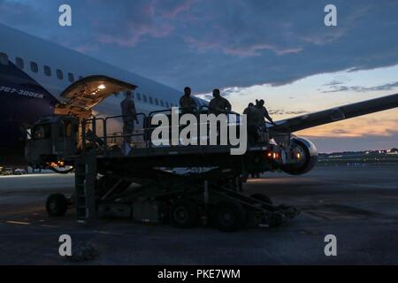 La Georgia Esercito Nazionale guardie dalla Marietta, Ga. basate primo battaglione, 171st reggimento aviazione terminare il caricamento di apparecchiature a Dobbins Air Base di riserva, Ga., il 27 luglio 2018. L'unità di viaggio a Tbilisi, Repubblica della Georgia per partecipare al Partner di nobile 18. Stati Uniti Esercito Foto Stock