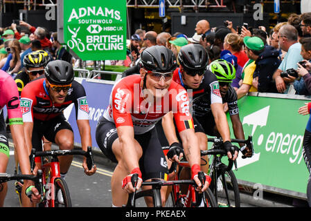 Andre Greipel del team Lotto Soudal all'OVO Energy Tour della Gran Bretagna cycle race, stadio 8, Londra, Regno Unito. Foto Stock