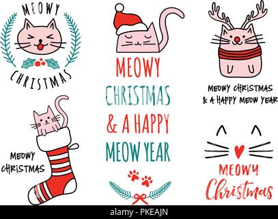 Meowy Natale con Cute cats, disegnati a mano doodle, set di vettore di elementi di design Illustrazione Vettoriale
