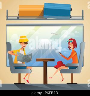 Paio di turisti che viaggiano in treno insieme. Gli studenti della scuola gruppo andando su vacanze Estate viaggio su strada con Fuji Mountain sullo sfondo. Uno stile piatto illustrazione vettoriale Illustrazione Vettoriale