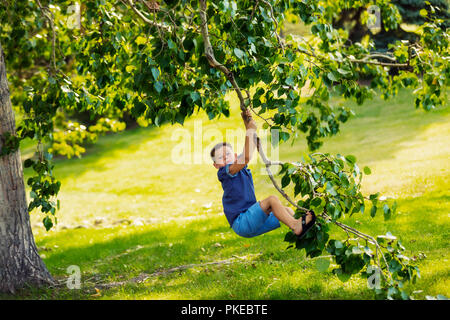 Un giovane ragazzo senza timore di oscillazione dal ramo di un albero nel parco durante una gita di famiglia in una calda giornata di caduta; Edmonton, Alberta, Canada Foto Stock