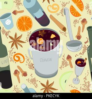 Vin brulé seamless pattern. Stagionale speziato bere vino caldo ingredienti sfondo senza giunture. Illustrazione Vettoriale