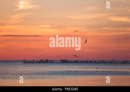 Bellissimo paesaggio marino con la gente a guardare il tramonto sul mare. Foto Stock