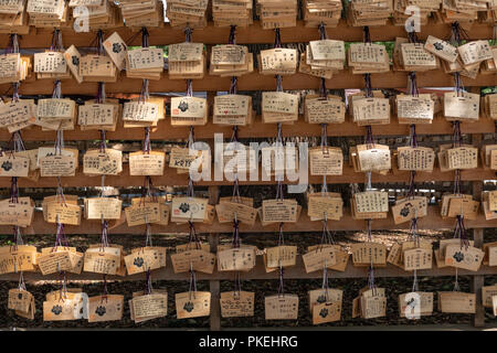 Righe di tavolette votive con auguri scritto da visitatori del Tempio di Meiji in Tokyo. Foto Stock