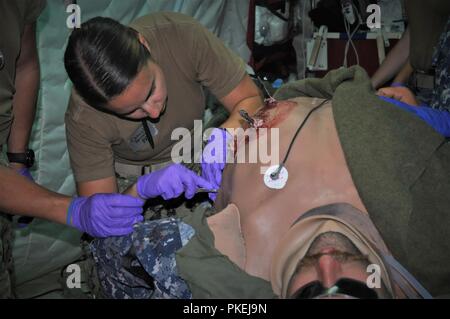 CAMP PENDELTON, California (25 luglio 2018) - Lt. Kaitin Pullano rende una incisione per inserire un tubo del torace su una simulazione di incidente durante un medico Expeditionary Facility (EMF) corso di formazione del Naval Expeditionary Medical Training Institute (NEMTI). EMF è la marina più grande basate a terra piattaforma medica, che soddisfa il requisito di istituire, gestire e mantenere una struttura medica all' estero che rimane facilmente installabile. NEMTI è un distacco del Navy medicina funzionale centro di formazione (NMOTC), la cui missione è di fornire al medico di funzionamento e aviazione survival training. Foto Stock