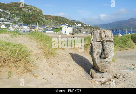 Scultura in legno su Barmouth Beach, Parco Nazionale di Snowdonia, Galles del Nord, Regno Unito Foto Stock