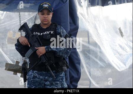 NORFOLK, Virginia (Luglio 31, 2018) Master-at-Arms di terza classe Nasjae Carter sta guardare a bordo della Nimitz-class portaerei USS Harry Truman (CVN 75). Harry Truman è attualmente ormeggiato a Naval Station Norfolk dopo il ritorno da una regolare distribuzione pianificata. Foto Stock