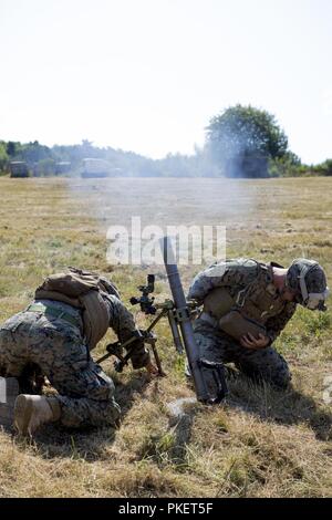 Un U.S. Marine e un U.S. Marinaio con scopi speciali Air-Ground Marine Task Force-Crisis Response-Africa fire un M-224A2 60mm mortaio sistema durante una squadra-dimensione combinata di bracci di manovra nella gamma Baumholder, Germania, 24 luglio 2018. SPMAGTF-CR-AF dispiegato per condurre una crisi-risposta e il teatro delle operazioni di sicurezza in Europa e in Africa. Foto Stock