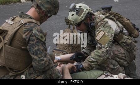 Un U.S. Marinaio con scopi speciali Air-Ground Marine Task Force-Crisis Response-Africa e U.S. Aviatore con l'ottantaduesima Expeditionary squadrone di salvataggio si applica la cura di combattimento sulle vittime nozionale durante un giunto completo profilo missione la prova di una massa casualty prova di evacuazione con gli Stati Uniti Air Force, a Vizzini area formazione, Sicilia, 27 luglio 2018. SPMAGTF-CR-AF dispiegato per condurre una crisi-risposta e il teatro delle operazioni di sicurezza in Europa e in Nord Africa. Foto Stock