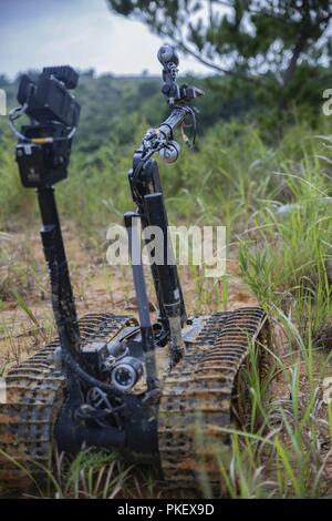 Marines con l'eliminazione degli ordigni esplosivi Company, 9 Supporto tecnico di battaglione, 3° Marine Logistics Group, utilizzare il Mark II Taloni EOD robot durante la carica di formazione occupazionale 2 Agosto 2018 presso il Camp Hansen, Okinawa, in Giappone. Il robot, un dispositivo senza equipaggio comandato da EOD tecnici, viene utilizzato per rimuovere ordigni esplosivi artigianali in qualsiasi terreno o dell'ambiente. Foto Stock