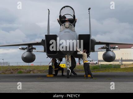 Un pilota assegnato all'493rd Expeditionary Fighter Squadron si prepara a sbarcare un F-15C Eagle a Keflavik Base aerea, Islanda, 30 luglio 2018. Pur fornendo infrastrutture critiche e supporto, l Islanda ha guardato ai suoi alleati della NATO per fornire la sorveglianza aerea e le capacità di intercettazione per soddisfare il suo tempo di pace ha bisogno di preparazione dal 2008. Foto Stock