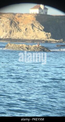 Un 44-anno-vecchio uomo è arenati su una roccia affiorante vicino Qochyax isola al tramonto Bay State Park vicino a Coos Bay, Ore., 3 agosto 2018. Una guardia costiera equipaggio a bordo di un MH-65 Delfino elicottero dal settore North Bend liberato l'uomo e riunita a lui con il suo Figlio sulla terra. Foto Stock