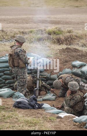 Stati Uniti Marine Corps mortarmen con 3° Battaglione, 3° Reggimento Marine, III Marine forza expeditionary, condotta a bracci combinato esercizio presso la Baia di Kaneohe gamma Training Facility, Marine Corps base Hawaii, e il Agosto 3, 2018. Durante l'esercizio, U.S. Marines utilizzato mitragliatrice di soppressione e di colpi di mortaio sulla simulazione di forze nemiche, mentre fanti aggredito in avanti verso di loro. Foto Stock