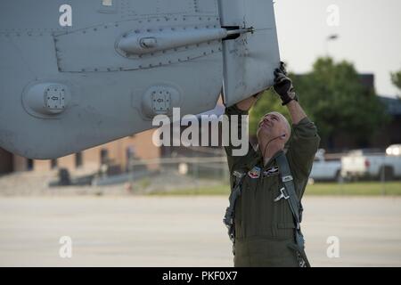 Col. Tim Donnellan, 124Fighter Wing Commander, conduce una passeggiata di preflight INTORNO A-10 Thunderbolt II in campo Gowen Boise, Idaho 2 agosto 2018. Un preflight consente al pilota di controllare visivamente le principali componenti di volo su un aereo. Foto Stock