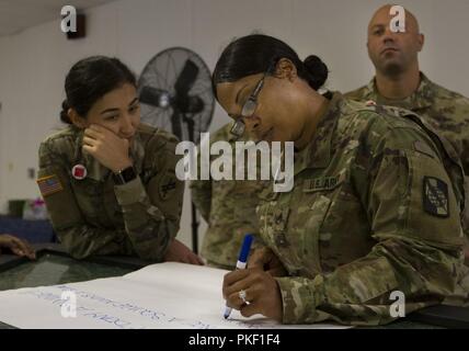 Il personale Sgt. L'avorio Harris, del 392 Expeditionary battaglione del segnale e la sua piazza i membri del team discutono alcune regole per aggiungere l'esercizio, Star Power, a Fort Meade, Maryland, luglio 25. Il potere della stella simula la distribuzione disuguale di potere nella società e il suo impatto sugli individui. Stati Uniti La riserva di esercito di soldati provenienti da tutto il paese impegnato in discussioni di classe e di esercizi per acquisire una migliore comprensione delle distorsioni, discriminazioni e molestie durante la pari opportunità corso leader luglio 22-27. Pari opportunità ai consulenti è servita come corso istruttori per il programma PO, ospitato da 2 Foto Stock