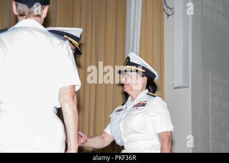 L'ammiraglio posteriore Tina Davidson, Infermiere Corps, U.S. Navy, assume il comando della marina medicina dell'istruzione, della formazione e della logistica il comando dell'Ammiraglio Rebecca McCormick-Boyle a base comune San Antonio-Fort Sam Houston, Texas, e il Agosto 3, 2018. Vice Ammiraglio C. Forrest Faison, III, chirurgo generale della Marina Militare, ufficializzato il tempo onorato cerimonia. Foto Stock