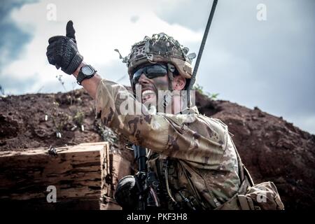 Stati Uniti Il personale dell'esercito Sgt. Skylar Hemauer, un leader di squadra di Charlie Company, 1° Battaglione, 27 Reggimento di Fanteria "Wolfhound', seconda della brigata di fanteria combattere la squadra, XXV divisione di fanteria, segnali ad un altro elemento di supporto locale-da-fire posizione durante un combinato di bracci live-fire esercizio a Schofield caserma, Hawaii, 3 agosto 2018. L'esercizio è parte di un sistema generale di progressione di formazione al fine di mantenere la Combat Readiness in preparazione per un giunto Readiness Training Center la rotazione entro la fine di quest'anno. Foto Stock