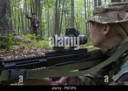 British Pvt. Adele Frost, un medic con terzo principessa di Galles Reggimento regale, va oltre Marine Corps fire e manovrare le punte con U.S. Marines da Kilo Company, 3° Battaglione, XXV Reggimento Marine, durante l'esercizio sciopero del Nord a Camp temolo, Mich il 6 agosto 2018. Esercizio sciopero del Nord è una guardia nazionale Bureau sponsorizzato da esercizio di formazione che unisce i membri del servizio da più rami, stati e paesi della coalizione di condurre la massa combinata di aria e le operazioni di combattimento. Foto Stock