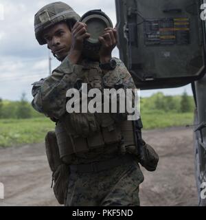 Pfc. Bryan Diaz, un campo marina di artiglieria con 3° Battaglione, XII Reggimento Marine, terza divisione Marine, porta un intorno per essere sparato da un M777A2 155mm obice Agosto 5, 2018, Camp YMA, Yausubetsu area di manovra, Hokkaido, Giappone. Marines con 3° Battaglione, XII Reggimento Marine, terza divisione Marine, sono in Yausubetsu a prendere parte alla delocalizzazione di artiglieria Programma di formazione 18-2. ARTP è una routine di esercizio di allenamento che consente di Marines in base fuori di Camp Hansen, Okinawa, in Giappone, per condurre live-formazione antincendio in Giappone. Diaz è un nativo di Santo Domingo, Repubblica Dominicana. Foto Stock