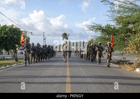 I membri di scopo speciale Air-Ground Marine Task Force Comando meridionale del cellulare del team di formazione e i loro studenti, Repubblica Dominicana fanteria navale corso avanzato, partecipare a una decina di chilometri di strada da marzo a concludere il loro esercizio finale qui, 2 agosto. I marines e i marinai di SPMAGTF-SC sono in conduzione la cooperazione in materia di sicurezza la formazione e i progetti di ingegneria a fianco di partner nazione le forze militari in America Centrale e America del Sud. L'unità è anche in standby per fornire assistenza umanitaria e di soccorso in caso di catastrofe in caso di un uragano o altra situazione di emergenza nella regione. Foto Stock