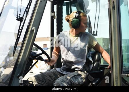 Un aviatore assegnato alla 48th logistica squadrone Readiness posizioni a carrello durante il trasporto di carichi, luglio 27, 2018 at Royal Air Force Lakenheath, Inghilterra. In un dato giorno, il 48th LRS può ispezionare e caricare fino a 50 pezzi di cargo per il trasporto. Foto Stock