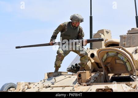 Pfc. James Ormsby, assegnati al 2° Stormo, xiii cavalleria, 3° Brigata corazzate contro la squadra, 1° Divisione Corazzate, si appresta a sostituire la canna di un M242 Bushmaster 25mm Chain Gun su un M2A3 Bradley Fighting veicolo durante la formazione gunnery a Doña Ana gamma complessa, N.M., 3 Agosto, 2018. Foto Stock