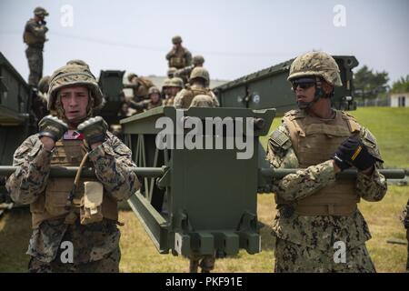 Lancia Cpl. Michael Braceland, sinistra e marinaio Ignacio Munguia, destra, sollevare la parte di un mezzo ponte trave durante un multi-livello operazione di bridging Agosto 9, 2018 a Camp Hansen, Okinawa, in Giappone. Marines con ponte Company, 9 Supporto tecnico di battaglione, 3° Marine Logistics Group e i marinai con Naval Mobile Battaglione di costruzione 5 montato e smontato un mezzo ponte trave, che viene usato per il trasporto del personale e delle attrezzature più grandi spazi e corpi di acqua. Braceland, un ingegnere di combattimento con ponte Co., 9 ESB, è un nativo di Needham, Massachusetts. Munguia, una costruzione eleggere Foto Stock