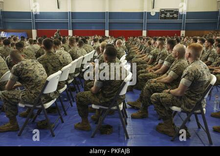 Sergente maggiore dei Marine Corps Sgt. Il Mag. Ronald L. verde parla di un municipio durante una visita al campo Fuji, Giappone, e il Agosto 4, 2018. Green indirizzata Marines e marinai circa il Commandants ultimo messaggio alla forza e risposto alle domande. Foto Stock