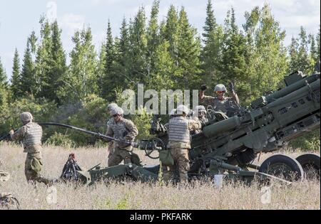 Soldati con la batteria B, 1° Battaglione, 103 campo reggimento di artiglieria, Rhode Island Esercito Nazionale Guardia, condurre esercitazioni di sparo con un M777 Obice a Camp temolo, Mich su 10 Agosto, 2018. La 103 FA partecipa nel nord sciopero, una multinazionale comune bracci combinata live esercitazione antincendio che coinvolgono circa 5.000 membri del servizio da 11 membri e sei paesi della coalizione. Foto Stock