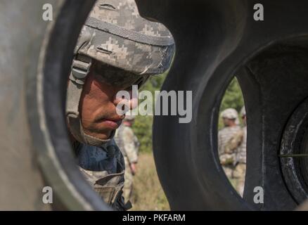 Sgt. Jason Insisiengmay, una Canon membro dell'equipaggio con la batteria B, 1° Battaglione, 103 campo reggimento di artiglieria, Rhode Island Esercito Nazionale Guardia, fissa la canna di un M777 Obice in preparazione per una imbragatura operazione di carico a Camp temolo, Mich su 10 Agosto, 2018. La 103 FA partecipa nel nord sciopero, una multinazionale comune bracci combinata live esercitazione antincendio che coinvolgono circa 5.000 membri del servizio da 11 membri e sei paesi della coalizione. Foto Stock