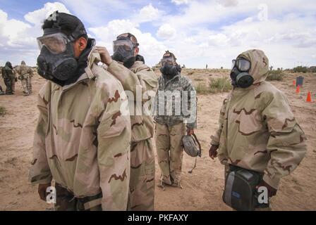 La riserva di esercito Sgt. Marcus Calloway (a destra), un chimici, biologici, radiologici e nucleari (CBRN) specialista e nativo di Chicago, Illinois assegnato al 379 Chemical Company, 472nd battaglione chimico, 209th regionale gruppo di supporto, 76th la risposta operativa comando, supervisiona un gruppo di soldati dal 1° Brigata, 1° Divisione Corazzate come rimuovere la missione orientata postura protettiva (MOPP) marcia durante operazioni di decontaminazione a Orogrande, Nuovo Messico, e il agosto 8. Quasi cinquanta soldati dal 379 Chem. Co., 472nd Chem. Bn, 209th RSG, 76th ORC, trascorse gli ultimi giorni qui condurre Foto Stock