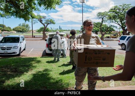 Stati Uniti Air Force Tech. Sgt. Kendell Nielsen, un bioenvironmental engineering tecnico assegnato all'173rd Fighter Wing, passa una scatola di cibo per il Mag. Cassie di ciottoli, un pubblico ufficiale sanitario assegnato alla 194th ala, Washington Air National Guard, presso il sito di Molokai durante il Tropic Care Maui County 2018, 11 Agosto, 2018. Tropic Care Maui County 2018 fornisce assistenza medica ai membri e al personale di supporto "hands-on" disponibilità formazione per preparare per le future distribuzioni fornendo diretto e benefici durevoli per il popolo di Maui Molokai e Lanai, Agosto 11-19. Foto Stock