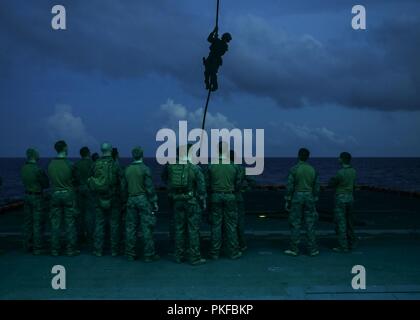 OCEAN (Agosto 6, 2018) - Marines assegnato al primo distacco Anglico partecipare in notturna a rapida formazione di corda dal ponte di volo di wasp-classe assalto anfibio nave USS Essex (LHD 2) durante una regolare distribuzione programmata dell'Essex anfibio gruppo pronto (ARG) e xiii Marine Expeditionary Unit (MEU). L'Essex ARG/XIII MEU è un capace e letale Navy-Marine Corps team distribuiti per la 7a flotta area di operazioni a sostegno della stabilità regionale, rassicurare partner ed alleati e mantenere una presenza postured per rispondere a qualsiasi crisi compresa tra assistenza umanitaria per contingenza oper Foto Stock