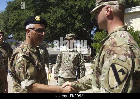 Col. Sami Harb, manutenzione Capo sezione, forze armate libanesi, saluta un soldato Graywolf, Staff Sgt. Jeremy Todd, comandante del battaglione artigliere, 3° Battaglione, 8 reggimento di cavalleria, 3° Brigata corazzate contro la squadra, 1° Divisione di cavalleria, durante la sua recente visita a Fort Hood. Foto Stock