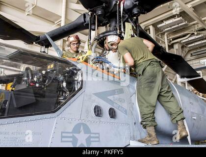 Oceano Pacifico (agosto 9, 2018) Marine Corps Lance Cpl. Martin Parra, da Phoenix e Marine Corps Cpl. Joshua Mendoza, da Phoenix, assegnato al Marine Attacco leggero elicottero il distacco del mezzo marino Tiltrotor Squadron (VMM) 166, eseguire interventi di manutenzione su un AH-1Z Viper elicottero nell'hangar della baia di San Antonio-classe di trasporto anfibio dock USS ancoraggio LPD (23) durante una regolare distribuzione programmata dell'Essex anfibio gruppo pronto (ARG) e xiii Marine Expeditionary Unit (MEU). L'Essex ARG/MEU team è un forte e flessibile dotato di forza e scalabili per rispondere alle situazioni di crisi Foto Stock