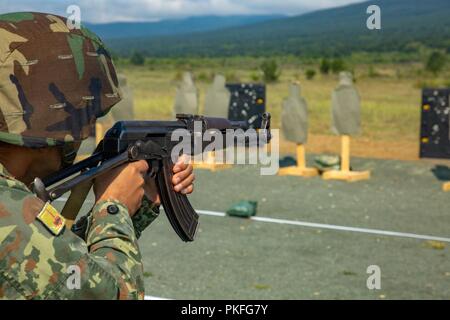 Un membro delle forze armate albanesi esegue una lotta contro la precisione di tiro gamma di programma durante la fase di esercizio di platino 18 Lion a Novo Selo Area Formazione, Bulgaria, 1 Agosto, 2018. Platinum Lion è un campo annuale di esercizio che rafforza le relazioni in una formazione congiunta ambiente, costruisce la comprensione della nazione partner tattiche, le tecniche e le procedure di intervento e aumenta l'interoperabilità con alleati e forze dei partner. Foto Stock