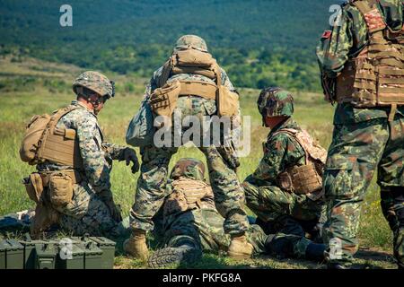 Stati Uniti Marines con il Mar Nero La forza di rotazione 18.1 incaricare un membro dell'esercito albanese su una macchina gamma pistola durante la fase di esercizio di platino 18 Lion a Novo Selo Area Formazione, Bulgaria, 3 Agosto, 2018. Platinum Lion è un campo annuale di esercizio che rafforza le relazioni in una formazione congiunta ambiente, costruisce la comprensione della nazione partner tattiche, le tecniche e le procedure di intervento e aumenta l'interoperabilità con alleati e forze dei partner. Foto Stock