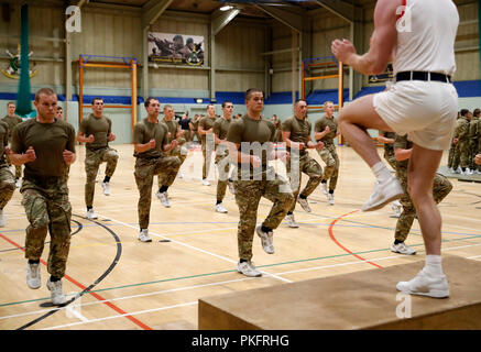 Marine Commando esercizio come il Duca di Sussex visiti i Royal Marines Commando Training Center in Lympstone, Devon. Foto Stock