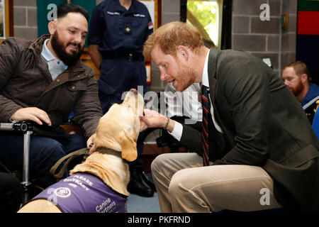 Il Duca di Sussex parla con Royal Marine Phil Eaglesham e il suo cane Cooper, durante una visita al Royal Marines Commando Training Center in Lympstone, Devon. Foto Stock