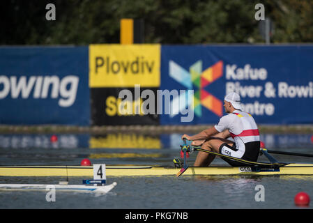 Plovdiv, Bulgaria, giovedì, 13 settembre 2018. GER ., M1X, Oliver ZEIDLER, concorrenti negli uomini del singolo skiff, quarto di finale alla FISA, mondo campionati di canottaggio, © Peter SPURRIER, Foto Stock