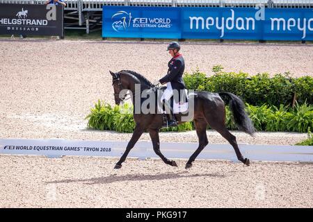 Tryon, North Carolina, Stati Uniti d'America. Xiii Sep 2018. Carl Hester. Hawtins delicato. GBR. Dressage. Il giorno 3. Giochi equestri mondiali. WEG 2018 Tryon. Carolina del Nord. Stati Uniti d'America. 13/09/2018. Credito: Sport In immagini/Alamy Live News Foto Stock