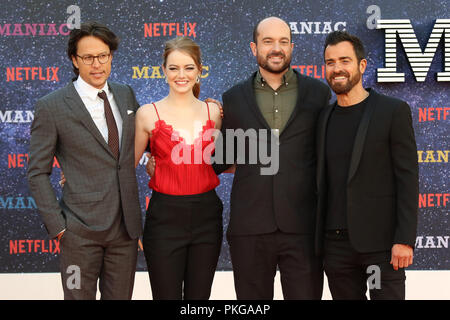 Londra, Regno Unito. 13 settembre 2018. Cary Fukunaga, pietra della Emma, Patrick Somerville, Justin Theroux, Maniac - World Premiere, Southbank Center Queen Elizabeth Hall di Londra, UK, 13 settembre 2018, Foto di Richard Goldschmidt Credito: ricca di oro/Alamy Live News Foto Stock