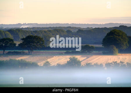 Mature, East Sussex, Regno Unito. 14 settembre 2018. Basso patch di nebbia di parti di copertura delle zone rurali east sussex proprio come il sole sorge © Peter Cripps/Alamy Live News Foto Stock