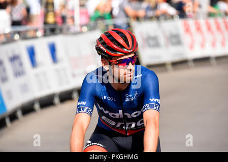 Patrick Bevin di BMC Racing Team in ovo Energy Tour della Gran Bretagna cycle race, stadio 8, Londra, Regno Unito. Foto Stock