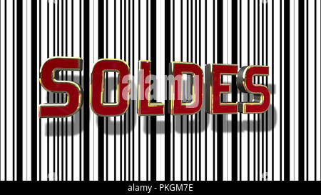 Vendita francese (Soldes) Rosso e Oro 3D con testo in bianco e nero codice a barre linea astratta sfondo Foto Stock