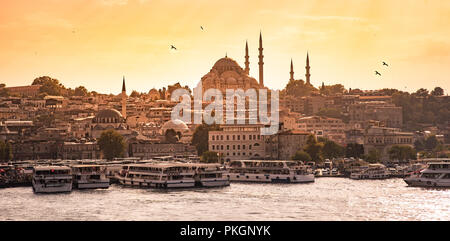 Porta Eminonu con navi e Moschea Suleymaniye nel distretto di Fatih al Golden Horn fiume prima del tramonto, Istanbul, Turchia. Concetto di viaggio e mare fron Foto Stock