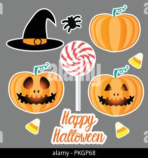 Impostare happy Halloween design. Martinetto piatto zucca lanterna. Illustrazione Vettoriale su sfondo grigio. Illustrazione Vettoriale