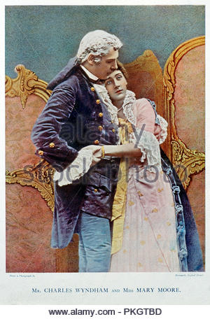 Sir Charles Wyndham ritratto, 1837 - 1919, era un attore inglese-manager, nato come Charles Culverwell in Liverpool. Maria Moore, 1860-1931, era un'attrice inglese che divenne la sua seconda moglie. Illustrazione a colori dal 1899. Foto Stock
